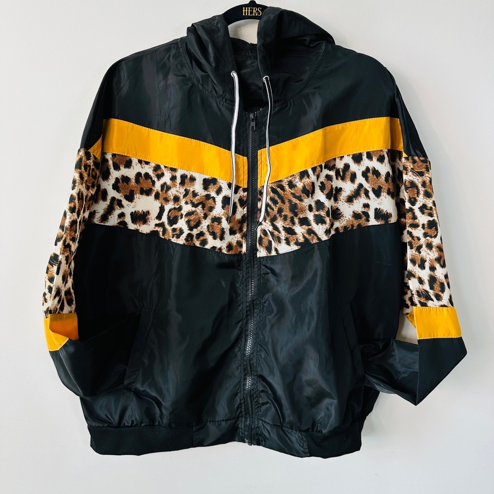 Black & Leopard Print Windbreaker Hooded Track Jacket With Pockets Size L - Picture 6 of 11